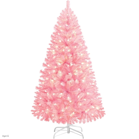 Alden Design 4.5FT Artificial Pre-lit Christmas Fir Tree with Foldable Stand and 150 LED Warm Lights,Pink