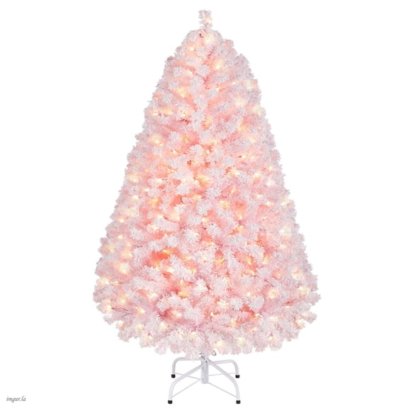 Alden Design 4.5FT Pre-lit Artificial Christmas Tree Flocked Christmas Tree with Foldable Stand and LED Warm Lights,Pink
