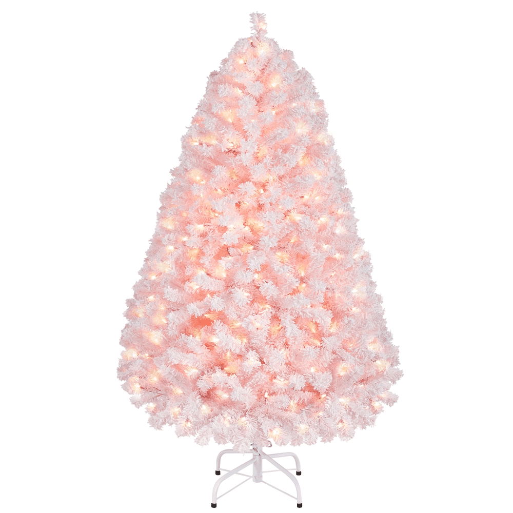 Alden Design 4.5FT Pre-lit Flocked Artificial Christmas Tree with 150 Incandescent Warm White Lights, Pink