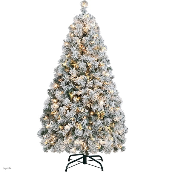 Alden Design 4.5FT Pre-lit Flocked Artificial Christmas Tree with Foldable Stand,Decorative Tree with Warm Lights,Green&White