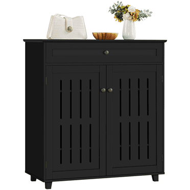 Alden Design 4 Tier Wooden Shoe Storage Cabinet with 1 Drawer for Entryway, Black