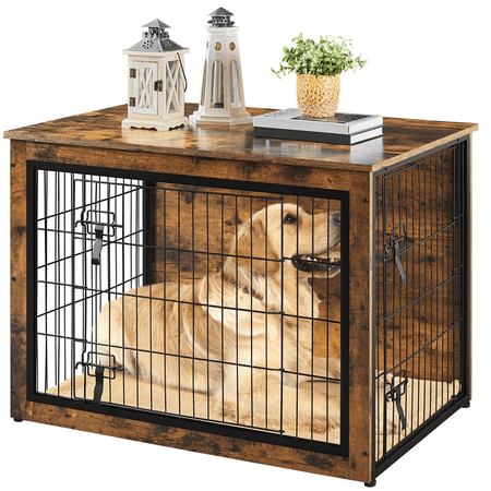 Alden Design 40? W Rustic Industrial Wooden Dog Crate with Anti-skid Plush Mat, Rustic Brown