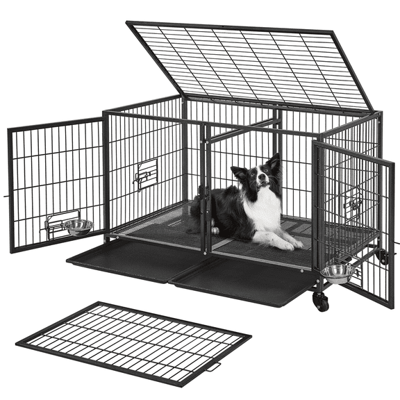 Alden Design 42.5 W Rolling Dog Crate with Removable Divider for Small Dogs, Black