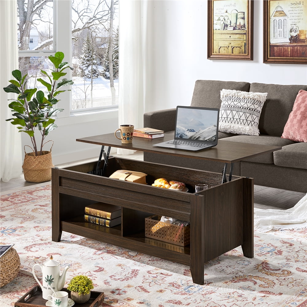 Espresso Brown Wood and Metal Lift-Top Coffee Table with Storage