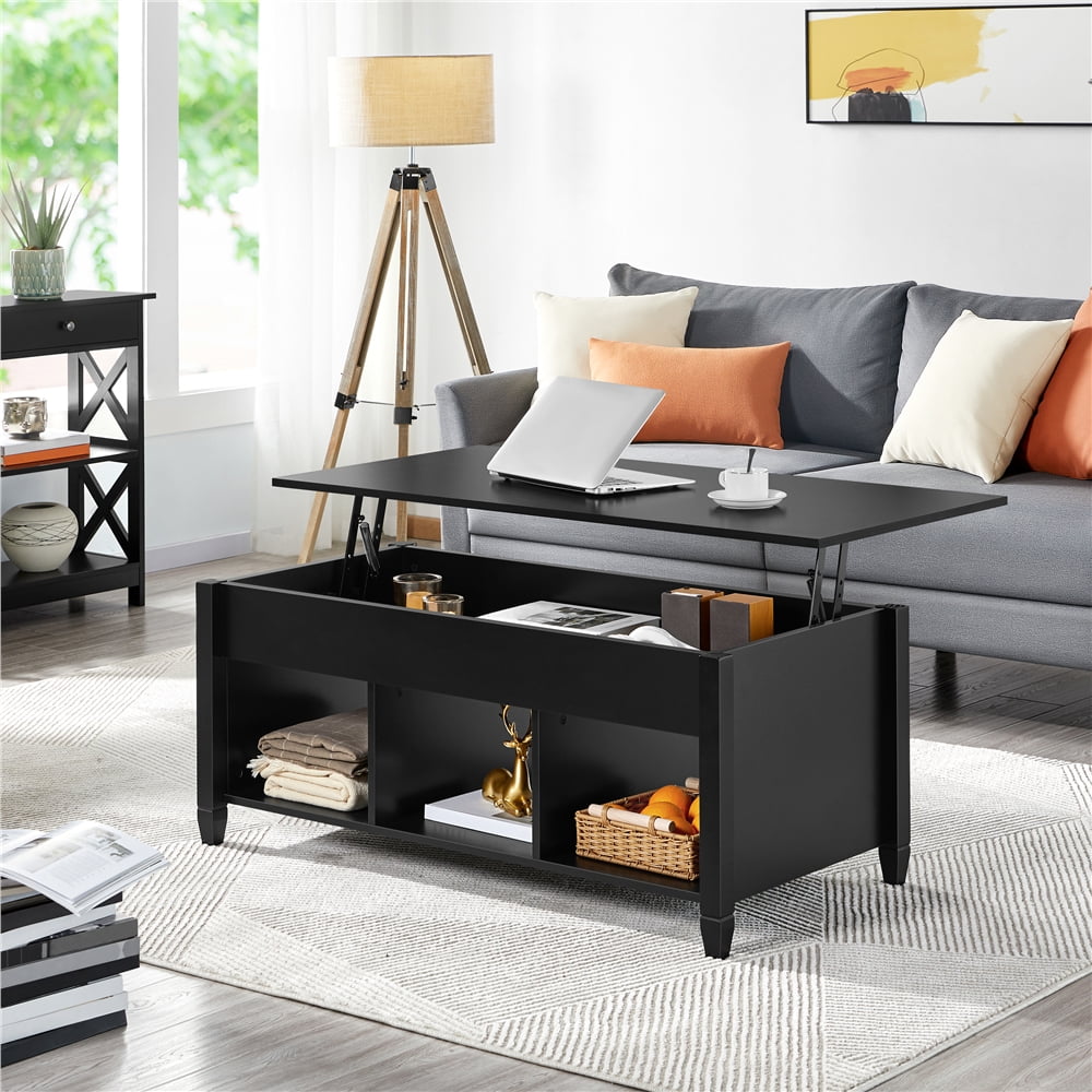 Alden Design 47.5 inch Wooden Lift Top Coffee Table with 3 Storage Compartments, Black