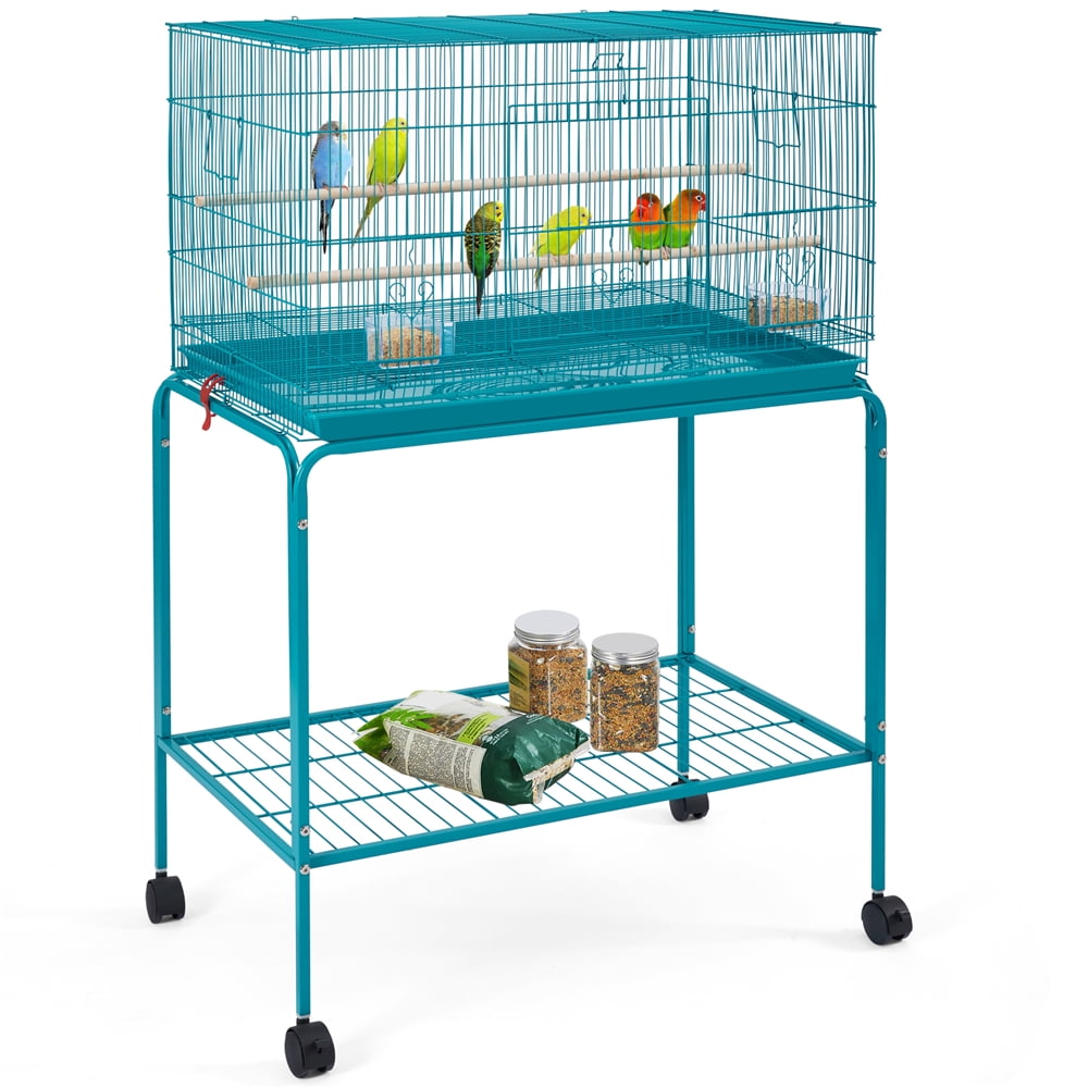 Alden Design 47" Metal Bird Cage with Slide-Out Tray and Rolling Stand, Teal Blue