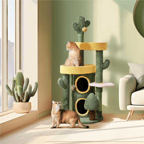 Alden Design 48.5 H Oasis-themed Cat Tree Tower with 2 Condos & 3 Perches, Green/Yellow