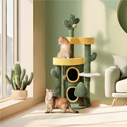 Alden Design 48.5  H Oasis-themed Cat Tree Tower with 2 Condos & 3 Perches, Green/Yellow