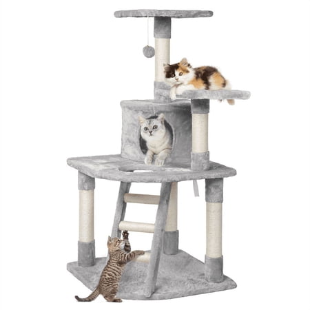 Alden Design 48" Cat Tree with Condo and Scratching Post Tower, Light Gray