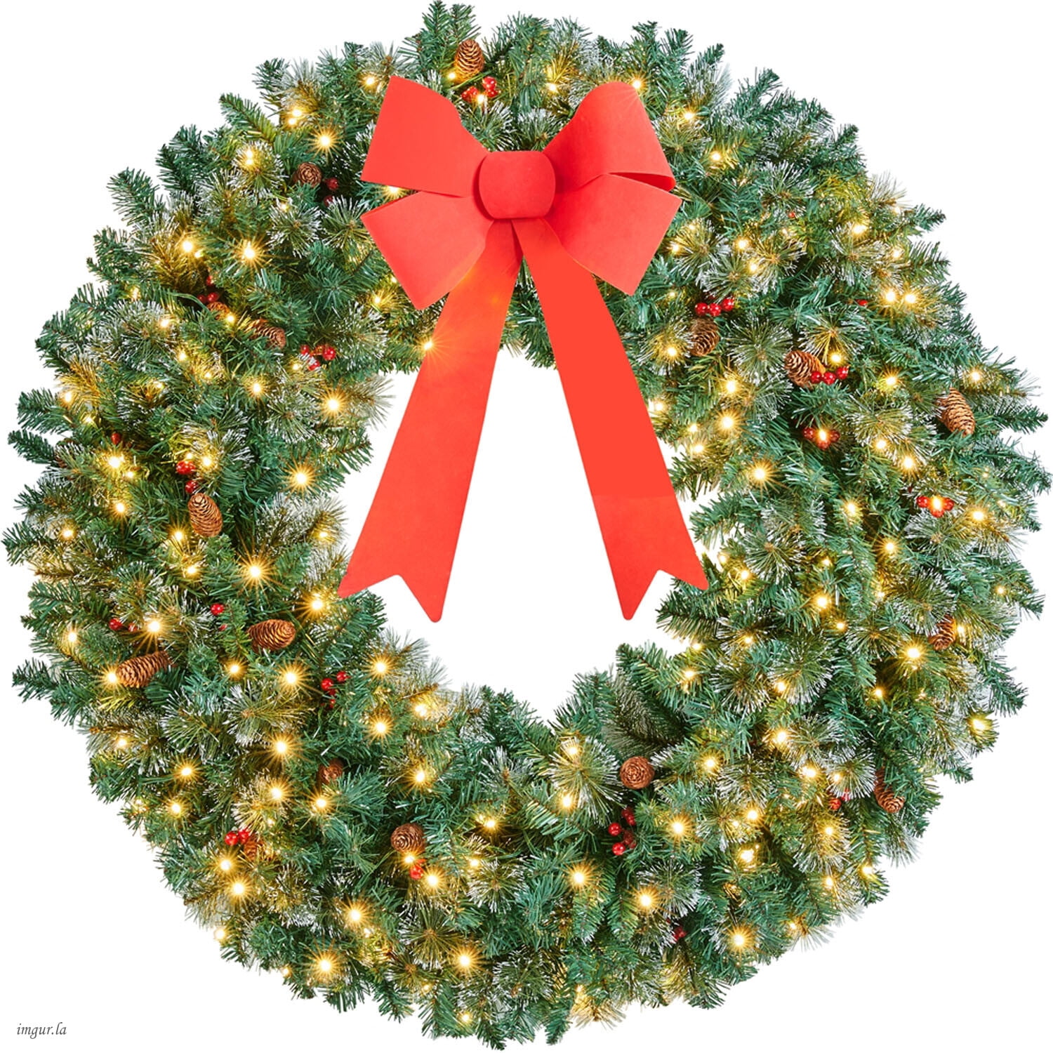 Alden Design 48 inch Artificial Pre-lit Frosted Christmas Wreath with Bowknot & Pinecones & Holly Berries & LED Lights, Green