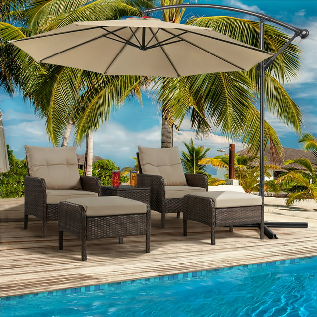 Alden Design 5-Piece Outdoor Rattan Patio Set with End Table, Brown with Beige Cushions