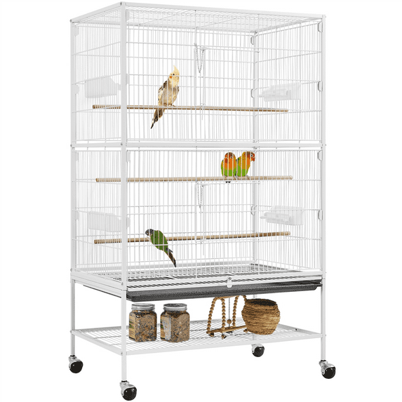 Alden Design 52″ H Rolling Metal Parrot Cage with 3 Perches & 4 Feeders & Extra Storage Shelf, White
