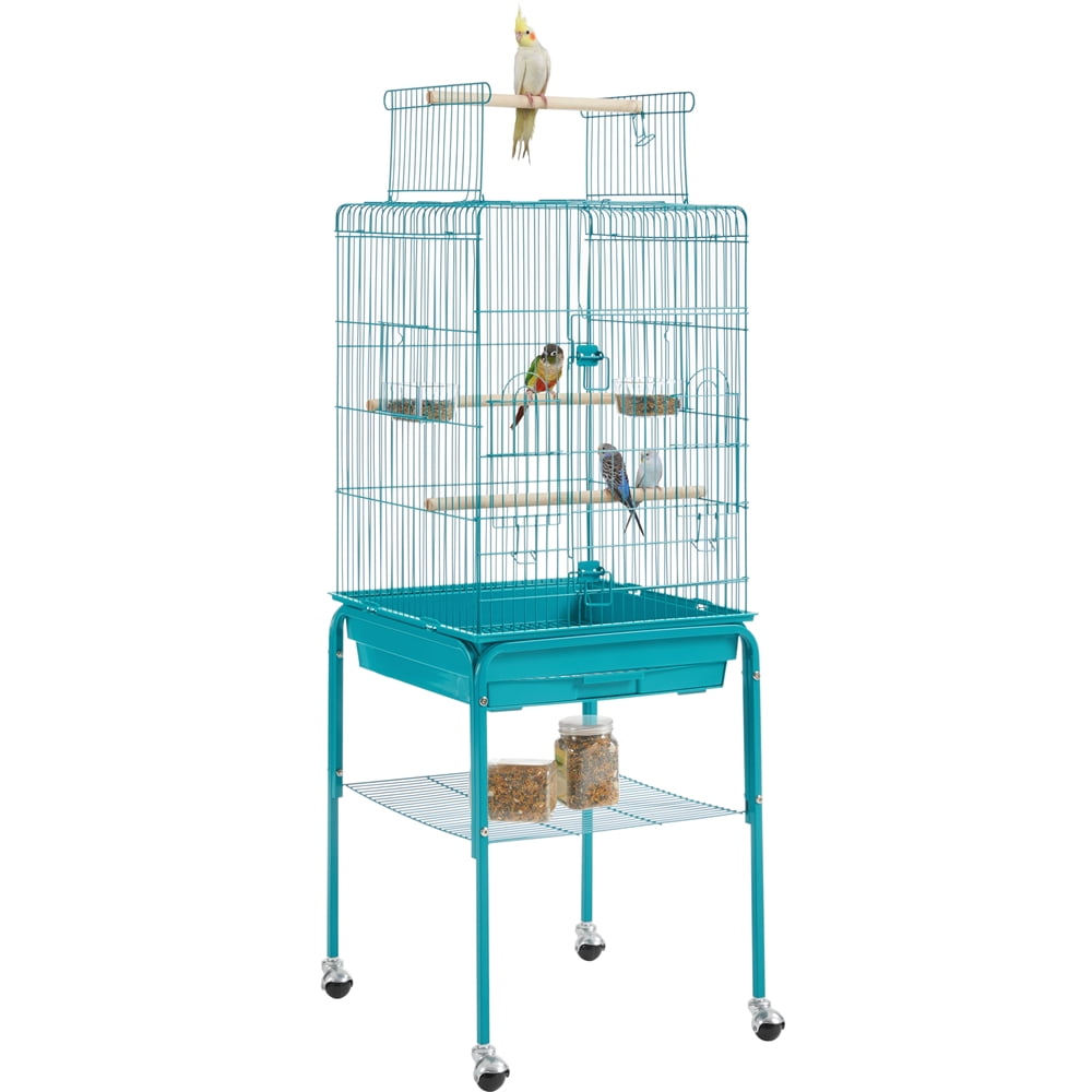 Alden Design 53.5" Metal Rolling Bird Cage with Play Top Stand, Teal Blue