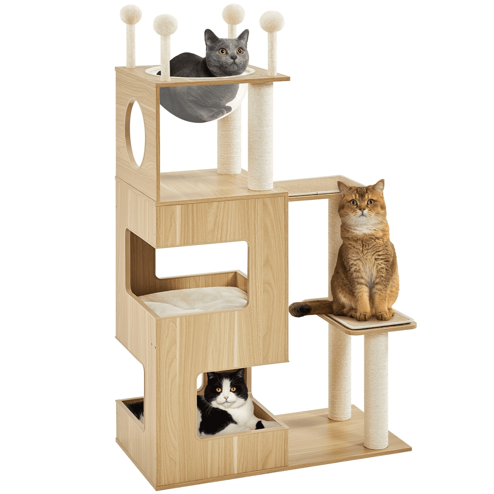 Natural Wood 53" Cat Tree with Sisal Posts and Cozy Condos