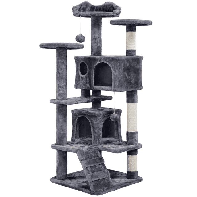 Alden Design 54.5" Double Condo Cat Tree with Scratching Post Tower, Dark Gray
