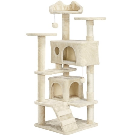 Alden Design 54.5"H Cat Tree Tower Multilevel Kitten Tree 2 Condos & 2 Fur Balls & 3 Scratching Posts for Kittens & Small/Medium Cats, Beige
