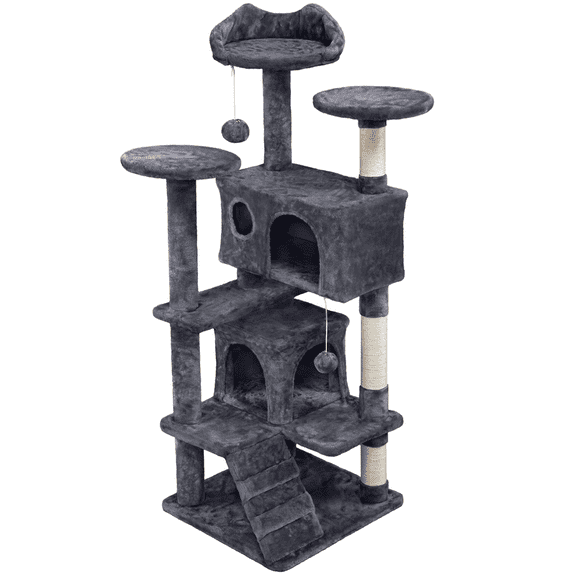 Alden Design 54.5" H Double Condo Cat Tree with Scratching Post Tower, Dark Gray