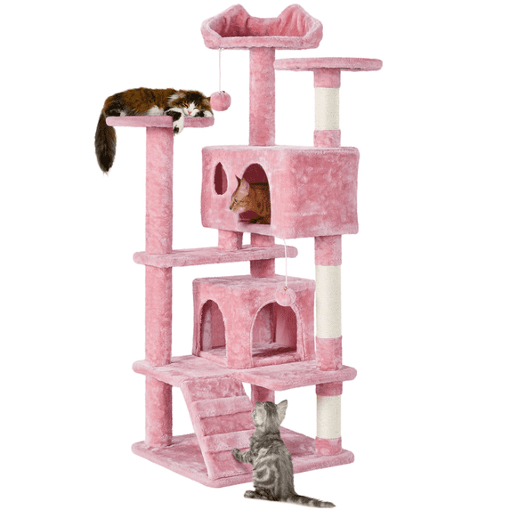 Alden Design 54.5" H Double Condo Cat Tree with Scratching Post Tower, Pink