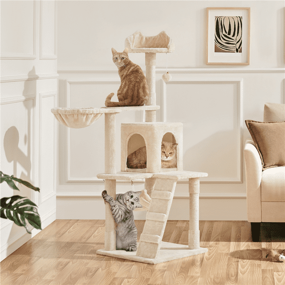 Alden Design 54" Cat Tree with Hammock, Basket and Scratching Post Tower, Beige