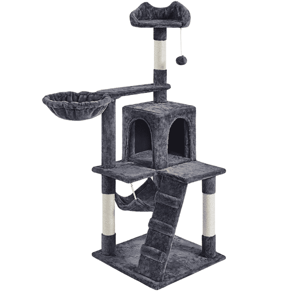 Alden Design 54" Cat Tree with Hammock, Basket and Scratching Post Tower, Dark Gray