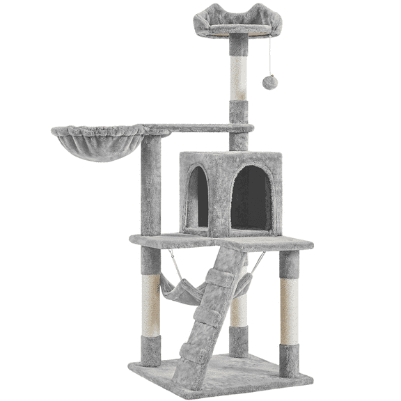 Alden Design 54" Cat Tree with Hammock, Basket and Scratching Post Tower, Light Gray