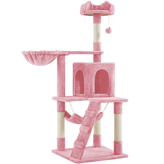 Alden Design 54" Cat Tree with Hammock, Basket and Scratching Post Tower, Pink