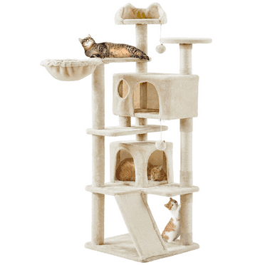 Alden Design 54" Double Condo Cat Tree with Scratching Post Tower, Beige