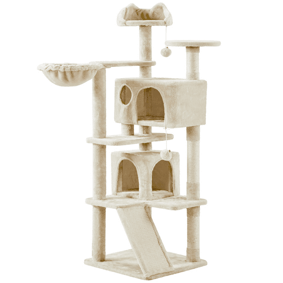 Alden Design 57.5" Double Condo Cat Tree with Scratching Post Tower, Beige