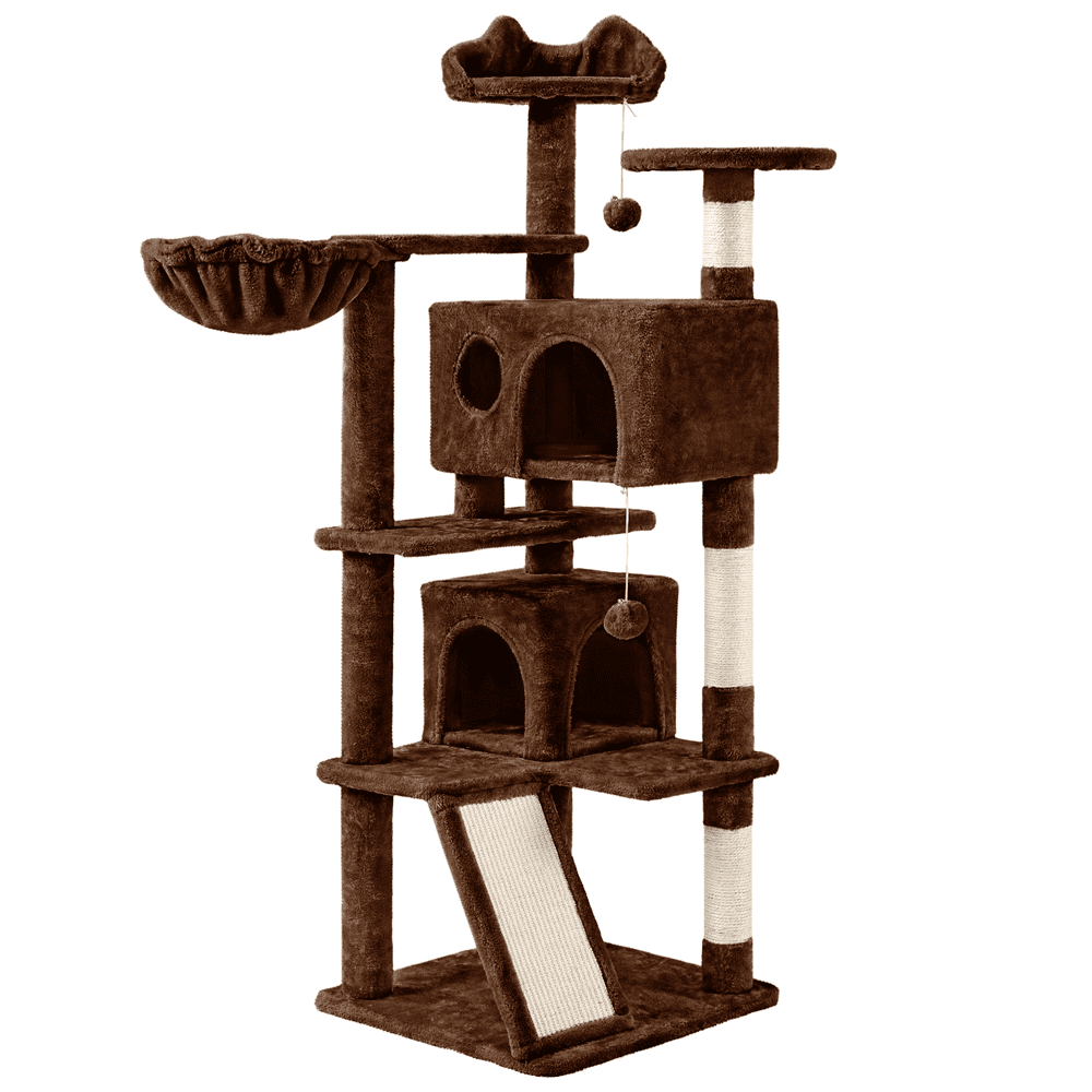Alden Design 57.5" Double Condo Cat Tree with Scratching Post Tower, Brown