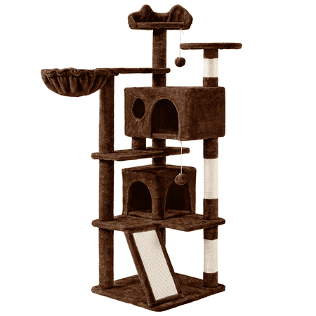 Alden Design 57.5" Double Condo Cat Tree with Scratching Post Tower, Brown