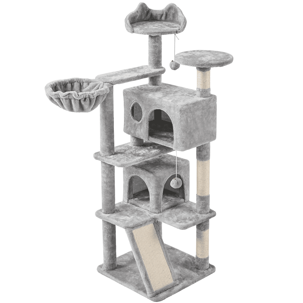 Alden Design Torre de Juegos para Gatos con 2 Condominios y Postes Rascadores de 57", Gris Claro