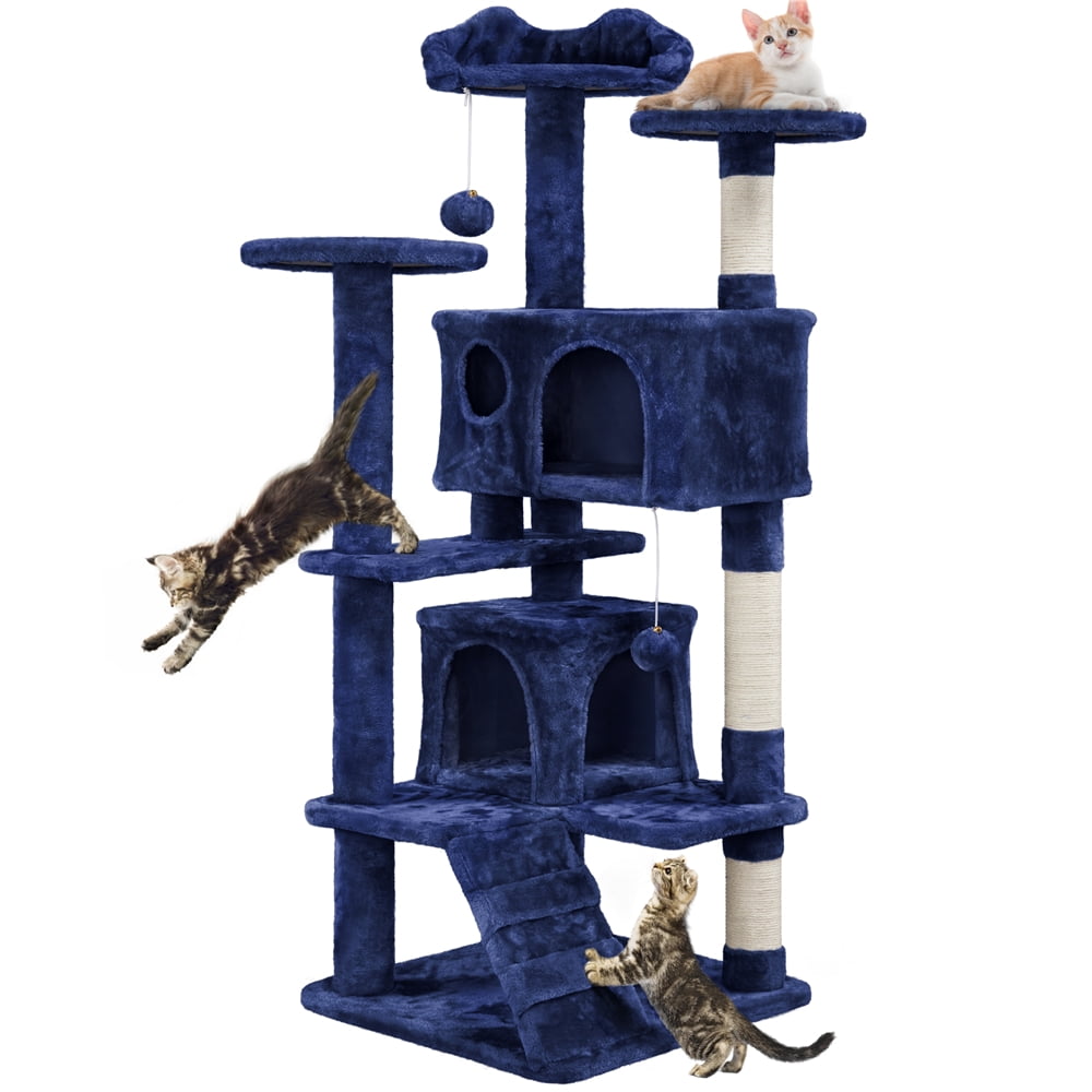 Alden Design 54''H Multilevel Cat Tree Condo 3 Scratching Posts  for  Medium Cats Indoor, Navy Blue
