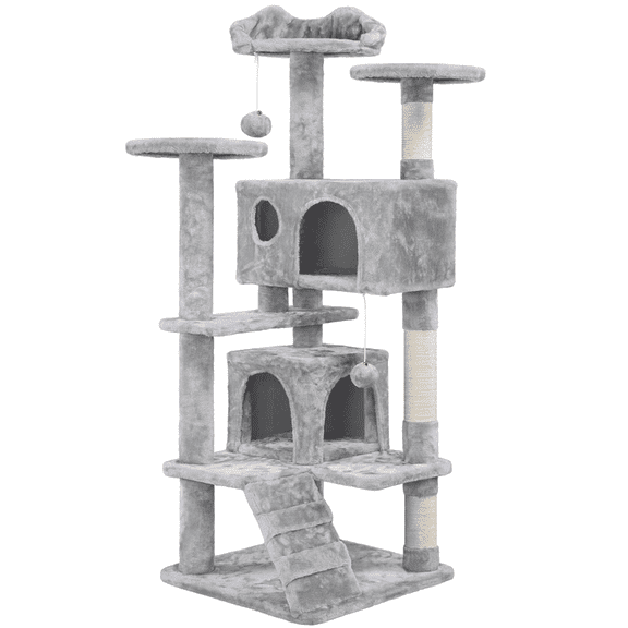 Alden Design 54" Multilevel Cat Tree with 2 Dangling Balls & 3 Scratching Posts, Light Gray