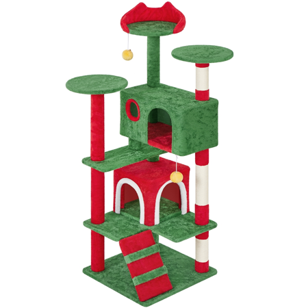 Alden Design 54" Tall Cat Tree with 2 Dangling Balls & 3 Scratching Posts, Red/Green