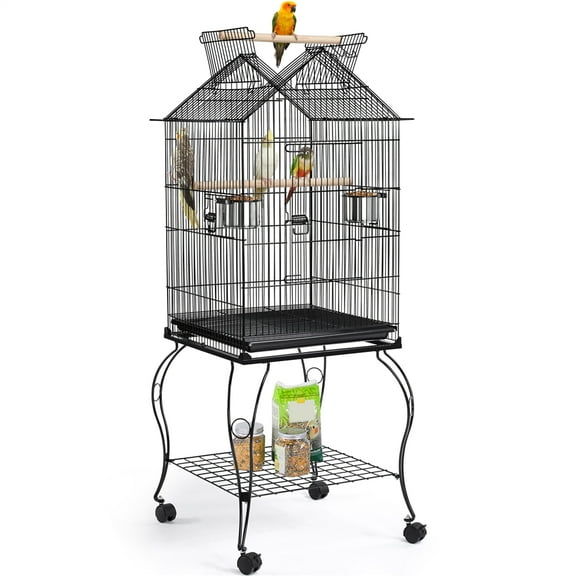 Alden Design 57" Rolling Metal Parrot Cage Bird with Open Top, Black
