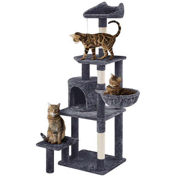 Alden Design 57″ Tall Multi Level Cat Tree with Basket & Condo & Scratching Post, Dark Gray