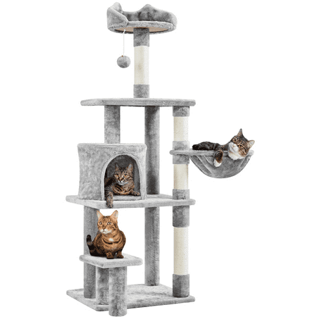 Alden Design 57? Tall Multi Level Cat Tree with Basket & Condo & Scratching Post, Light Gray