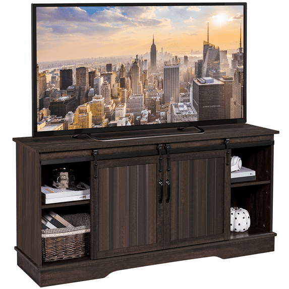 Alden Design 58in Rustic Style Sliding Barn Door TV Stand for TVs up to 65in, Dark Walnut