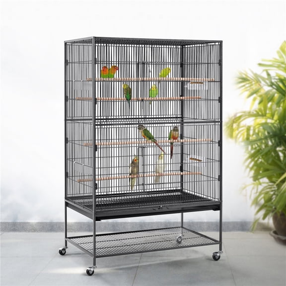 Alden Design 60.5H Extra-Large Wrought Iron Parrot Cage Bird Cage with Stand, Black