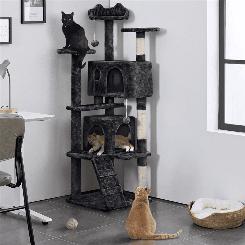 Alden Design 61.5''H Double Condo Cat Tree with Scratching Post Tower, Black