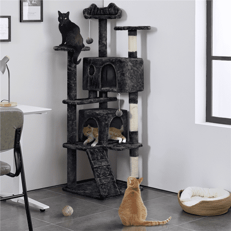Alden Design 61.5''H Double Condo Cat Tree with Scratching Post Tower, Black
