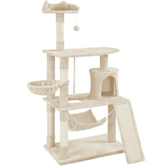 Alden Design 63″H Multi Level Cat Tree Condo with Basket & Hammock & Scratching Post, Beige