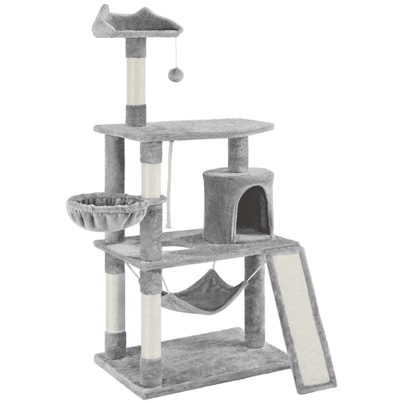Alden Design 63″H Multi Level Cat Tree Condo with Basket & Hammock & Scratching Post, Light Gray