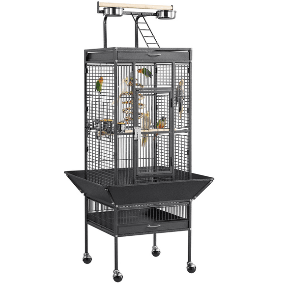Alden Design 61"  Rolling Metal Bird Cage with Play Top for Small/Medium Birds, Black