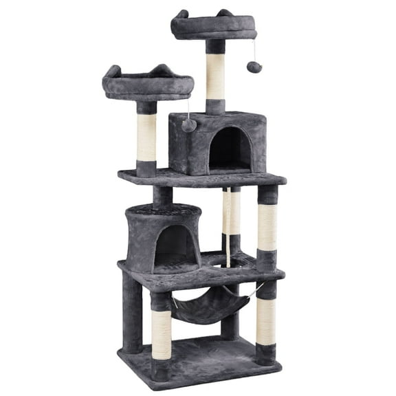 Alden Design 62" Tall Double Condo Cat Tree and Scratching Post Tower, Dark Gray