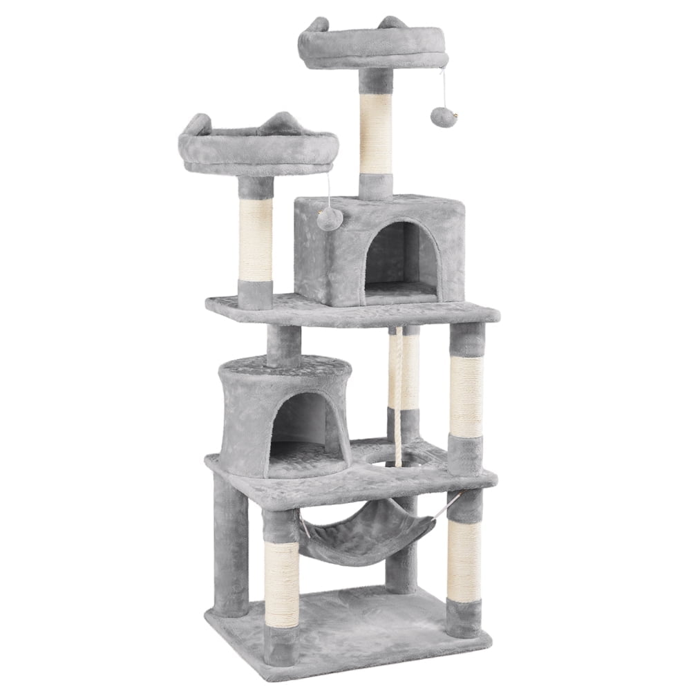 Alden Design 62" Double Condo Cat Tree and Scratching Post Tower, Light Gray