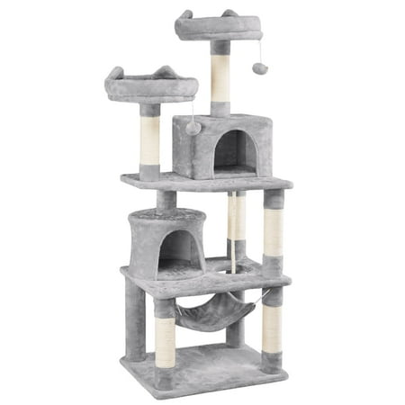 Alden Design 62" Double Condo Cat Tree and Scratching Post Tower, Light Gray