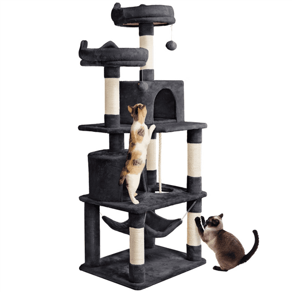 Alden Design 62" Double Condos Cat Tree and Scratching Post Tower, Black