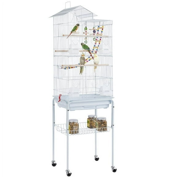 Alden Design 62.4"H Metal Rolling Mid-Size Bird Cage with Detachable Stand, White