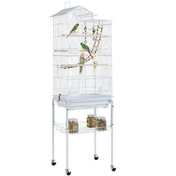 Alden Design 62.4"H Metal Rolling Mid-Size Bird Cage with Detachable Stand, White